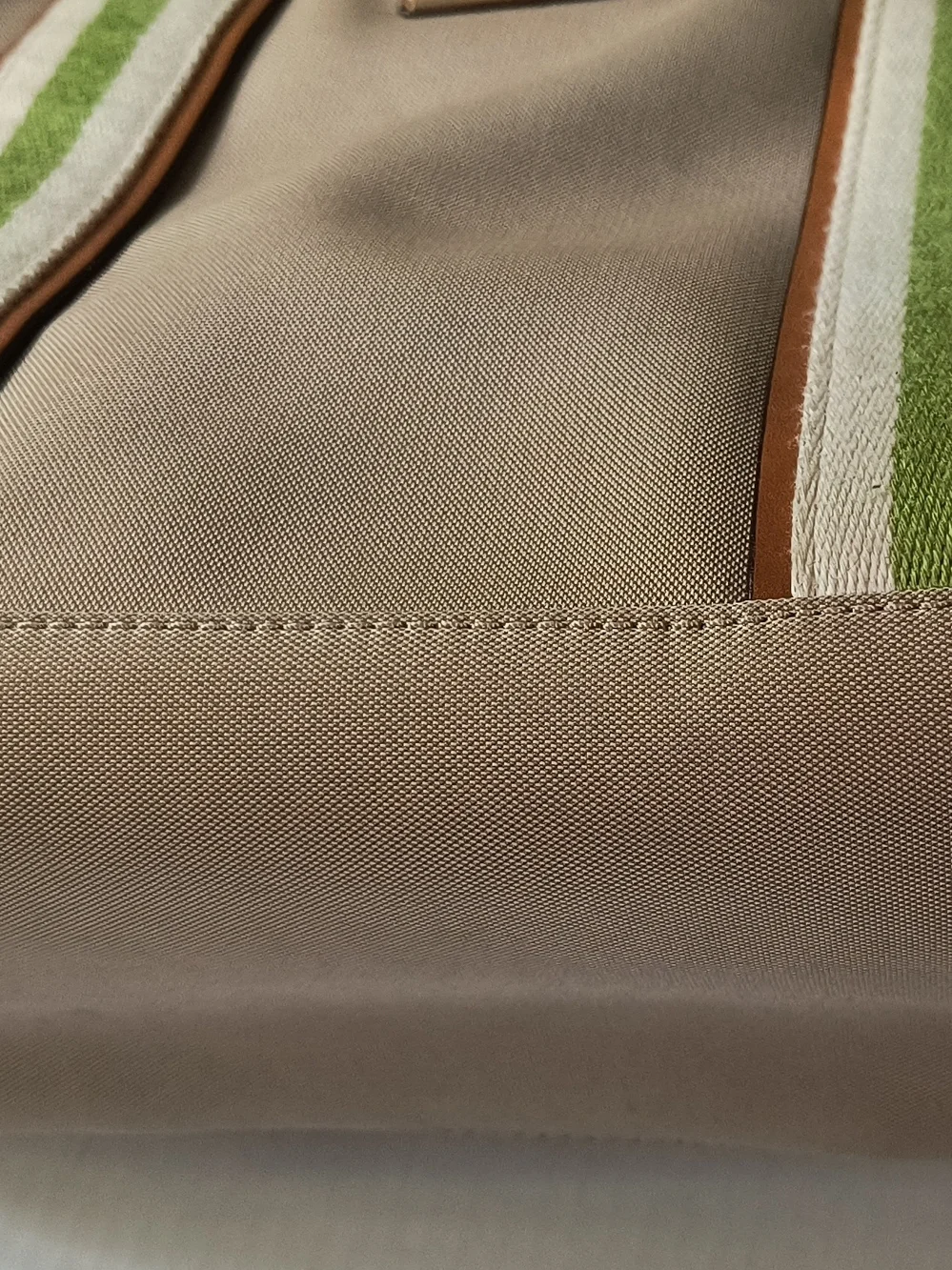 Michael Kors Beige Canvas Tote with Green Stripe and Brown Leather Trim